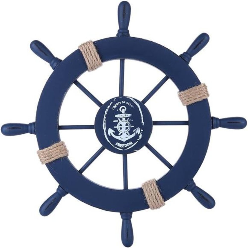 Beach Wooden Boat Ship Steering Wheel Fishing Net Shell Home Wall Decor, Blue